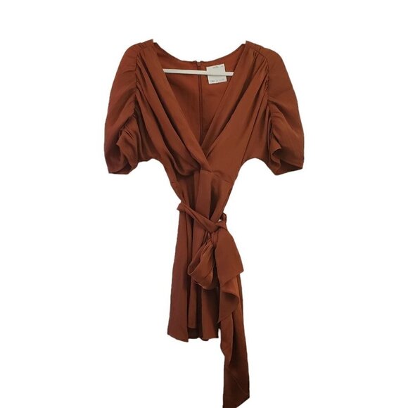C/meo Collective Womens Mini Dress XXS Cognac Copper‎ Eminence Tie Waist Draped - Picture 2 of 13